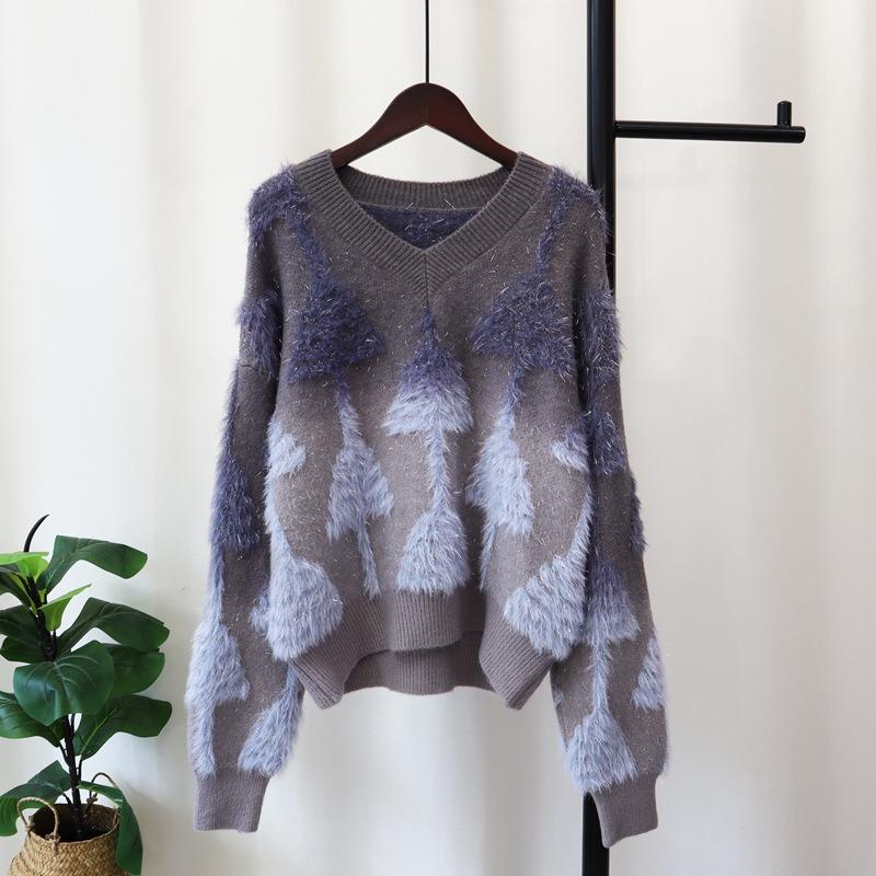 Splicing Imitation Mink Velvet Knitted Sweater Top Autumn and Winter New Loose and Gradual Change Color Bright Silk Sweater Pullover Women