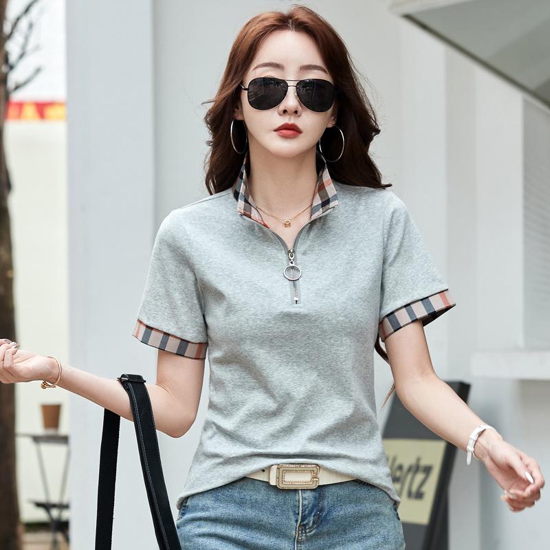 

Летняя женская рубашка-поло в клетку с лацканами и молнией с короткими рукавами 3XL серый