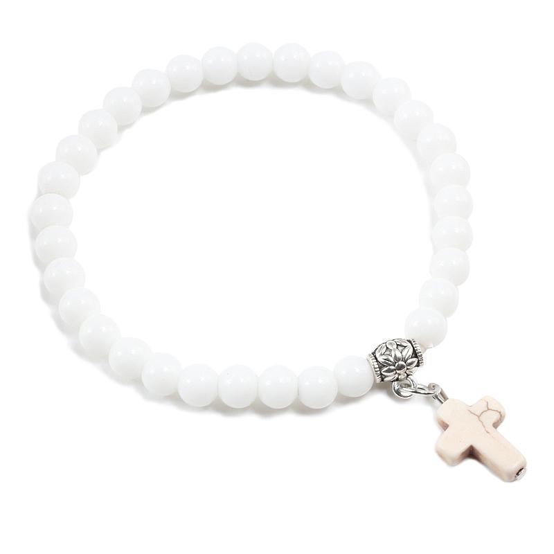 Gebetsarmband 6MM Onyx Natursteinperlen Religion Jesus Kreuz Anhänger Armbänder Armreifen für Männer Frauen Yoga Freundschaft Schmuck