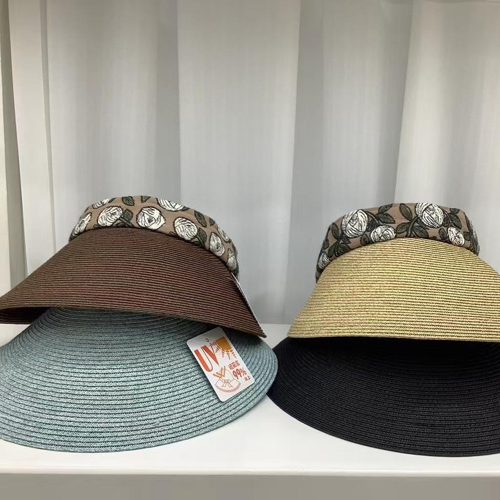 Spring and Summer Empty Top Sun Hat Women's Big Eaves Breathable Sun Protection Straw Hat Straw Woven Literary Headband Sun Hat Outdoor Beach Hat