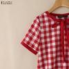 ZANZEA Women Bow Collar Casual Short Sleeve Plaid Print Blouse