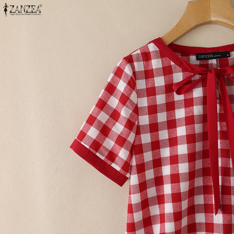 ZANZEA Women Bow Collar Casual Short Sleeve Plaid Print Blouse