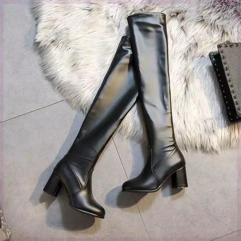 Large Size New Round Head Thick Heel High Elastic Boots White Knee Boots Long Boots Women's Medium High Heel Bag