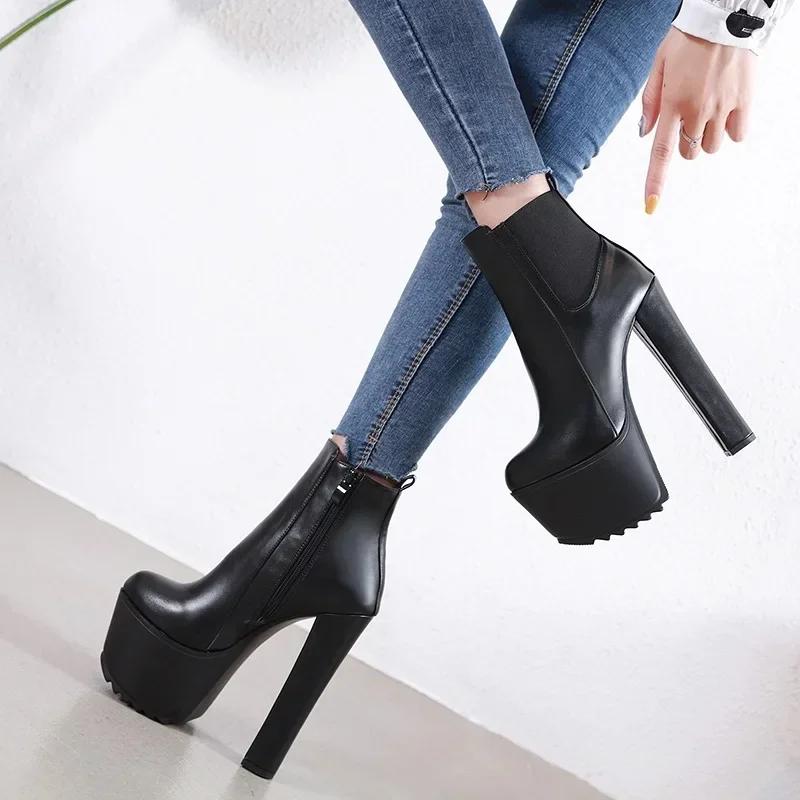 16CM Tykke Høyhælte Sko Dame Plattform Elastisk Bånd Glidelås i Siden Chelsea Støvletter Svarte Ankelstøvletter Zapatos Para Mujeres