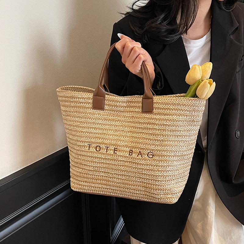 Women Straw Tote Handbag Large Capacity Crochet Beach Shoulder Bag Solid Color Weaving Travel Ladies Summer Daily Bag CLE