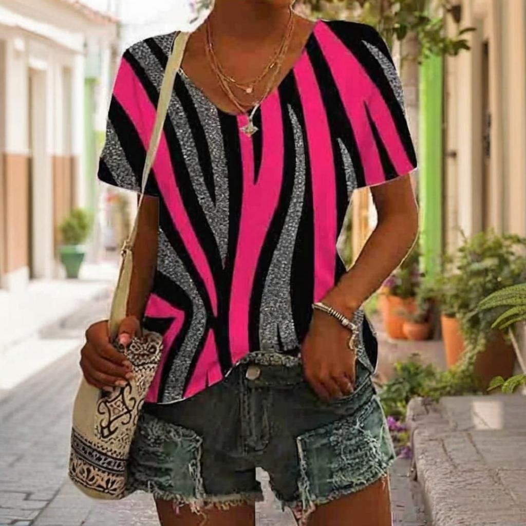 Women's T-shirt Summer Outdoor Casual V-neck Short Sleeve Tops Classic Printed Patterns Large OverSize Loose Women's Clothing