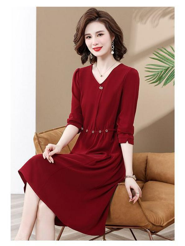 Rochie Elegantă Midi pentru Femei de Vârstă Mijlocie - Croială Slim, Ținută Stilată pentru Banchet de Nuntă de Primăvară/Toamnă