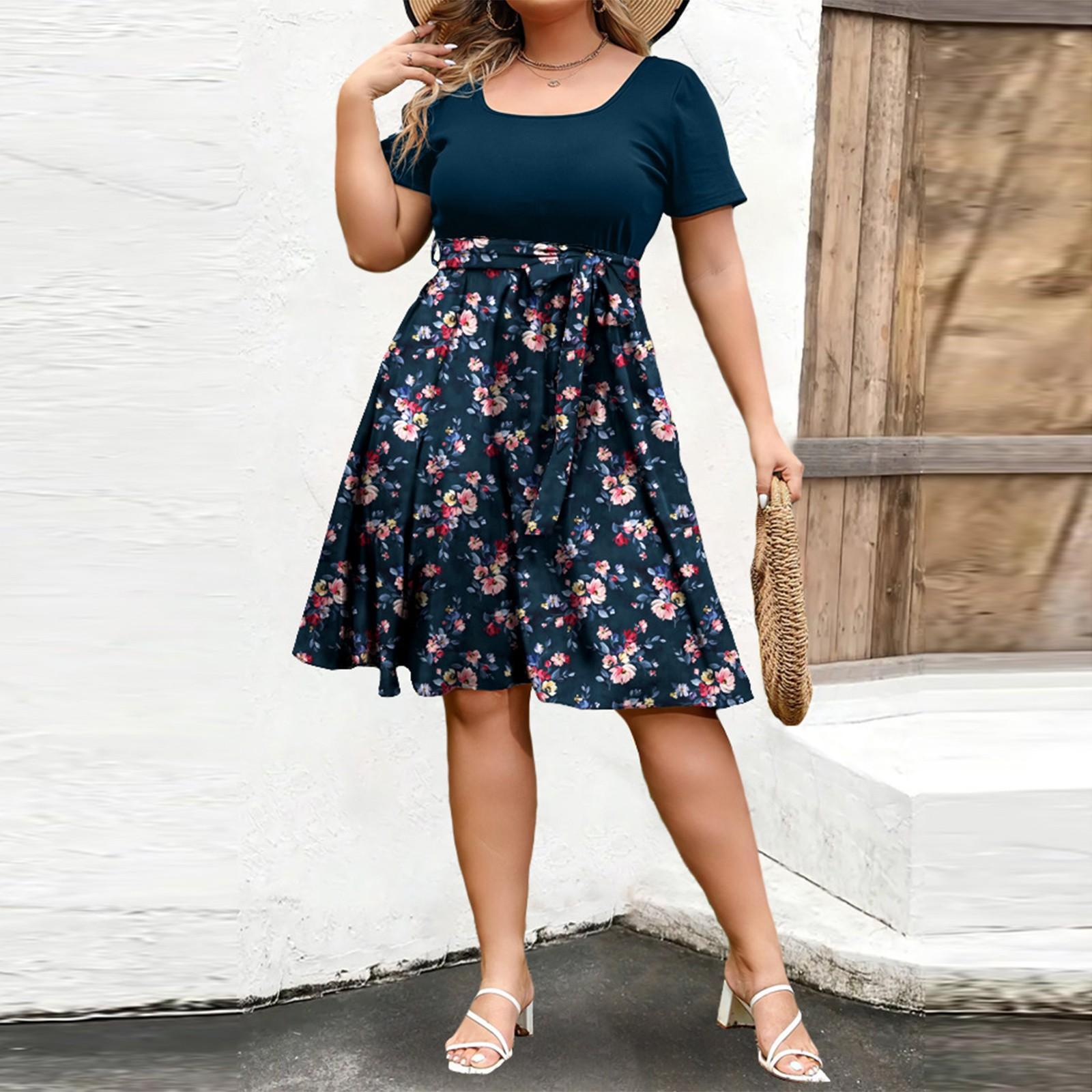 

Женское модное и трендовое платье с круглым вырезом и короткими рукавами на талии с принтом размера плюс XL тёмно-синий