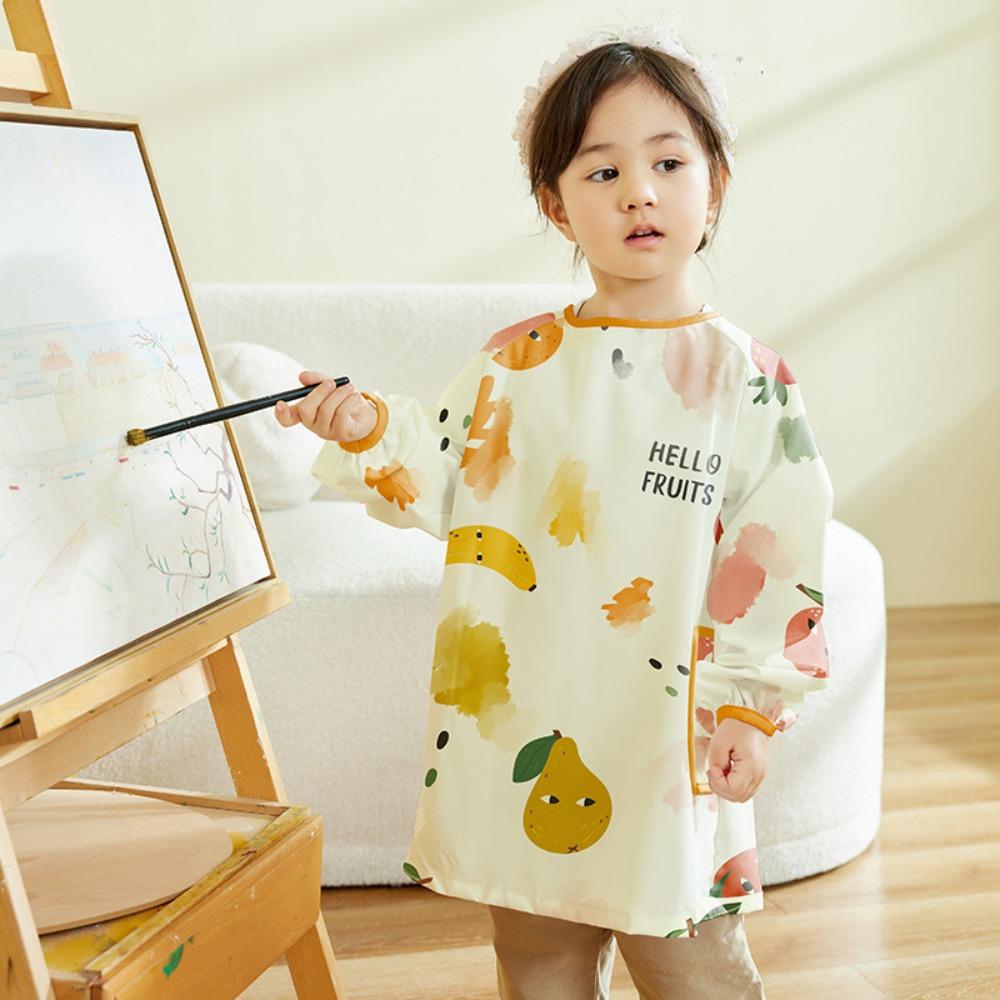 Kids Waterproof Apron Rabbit Print Long-Sleeve Stain-Resistant Art Smock for Boys Girls Bibs Easy Clean Children Painting Aprons