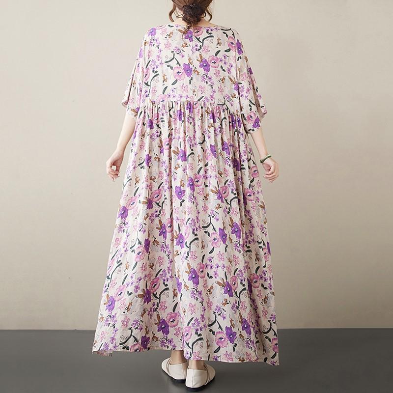 Krátký rukáv Velké bavlněné vintage květinové nové šaty pro ženy ležérní volné dlouhé letní šaty