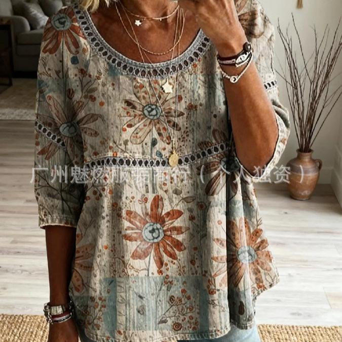 Women's Three-Quarter Sleeve Top Round Neck Bohemian Paisley Print Shirt Hollow Out Patchwork Loose Fit Vintage Casual Spring Daily Wear