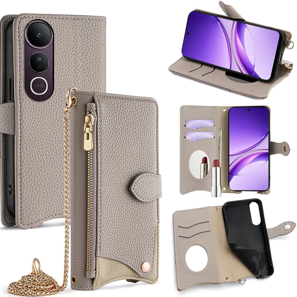 

Для vivo V50 Lite 5G Чохол-гаманець Шкіряний чохол для телефону з дизайном риб ячий хвіст з дзеркалом/підставкою/ремінцем Grey