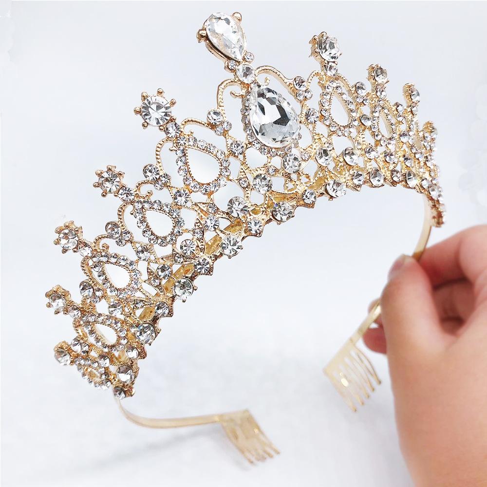 Simple Bridal Jewelry All White Crystal Crown Tiara Herringbone Necklace Wedding Earrings Three-piece Set for Women