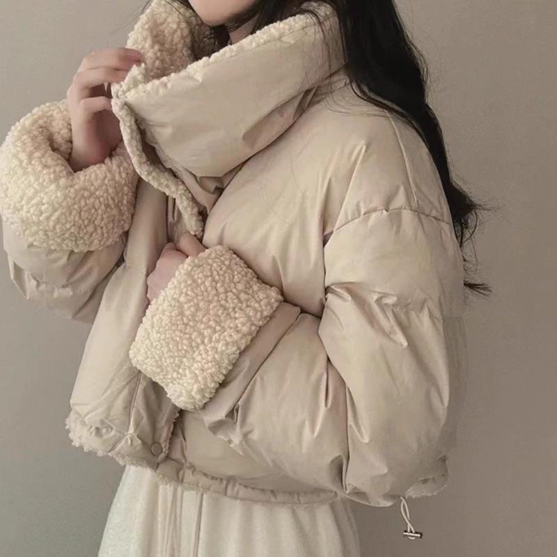 Women's Double-Sided Lambswool Cotton Puffer Jacket - Short Lapel, Loose Fit, Korean Style, Long Sleeve Winter Coat