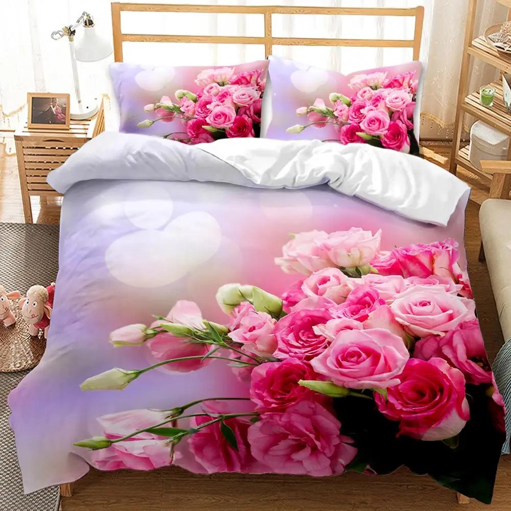 Rose Duvet Cover Set Pink Rose Pattern Bedding Set Blossom Flower Theme Comforter Set Girls Women Elegant Polyester Bedding Set