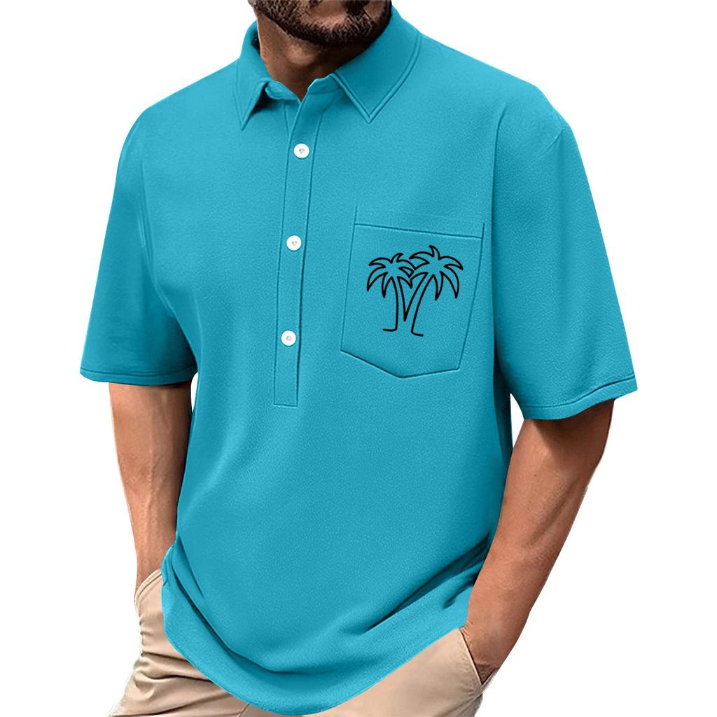 Men's Summer Solid Color Print Four-sided Stretch Lapel Button Pocket Shirt Casual Sports Short-sleeved Top