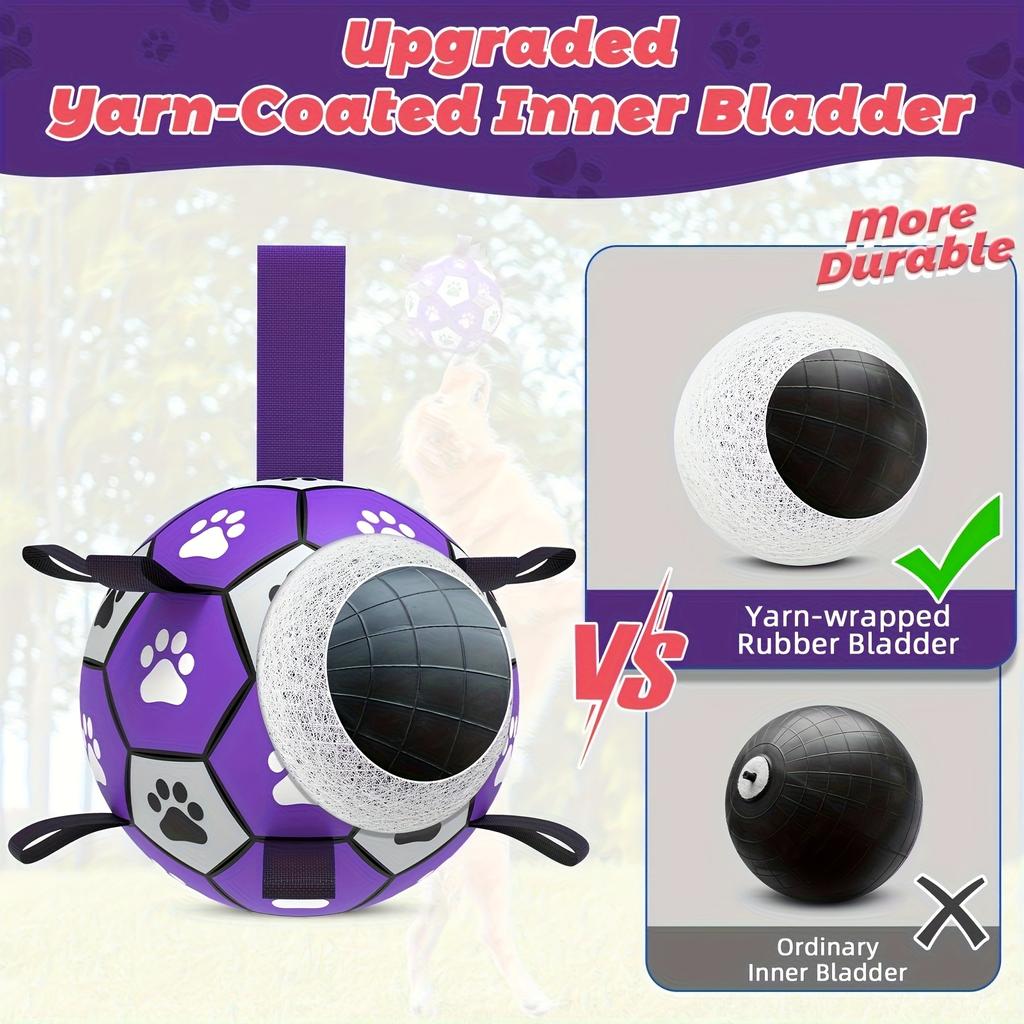 Durable Rubber Dog Soccer Ball with Straps - Interactive Chew-Resistant Pet Toy for All Breed Sizes, Purple &Black with Paw Print Design,Dog Ball Toy