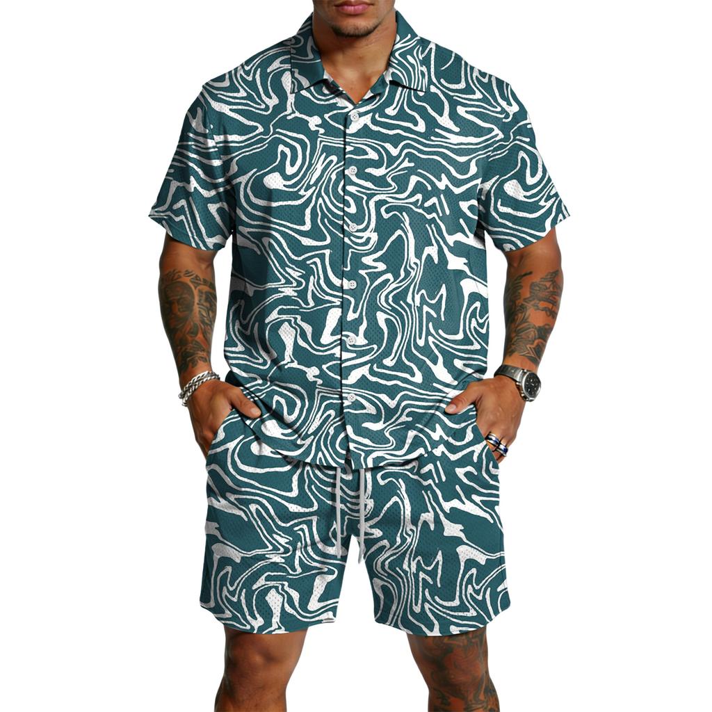 Men's Casual Lightweight Breathable Short Sleeve Shirt with Drawstring Shorts Set Swirl Pattern Summer Outfit for Outdoor Use