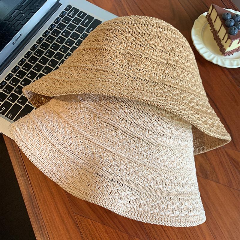 Hollow Straw Bucket Hat Women's Summer Thin Breathable Foldable Bucket Hat Sunshade Sunscreen Hat