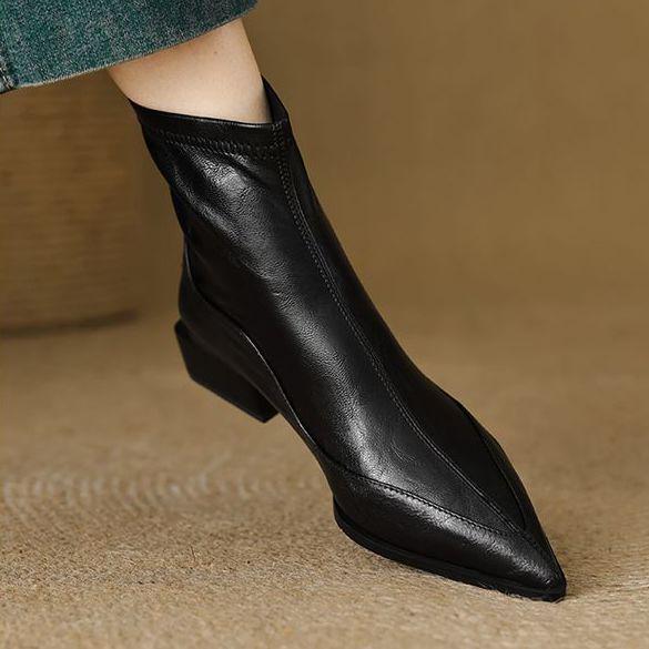 Dámské kotníkové boty s špičatou špičkou a robustním podpatkem se zadním zipem - Zateplené fleecem, všestranné elastické ponožkové boty pro podzim/zimu 2025.