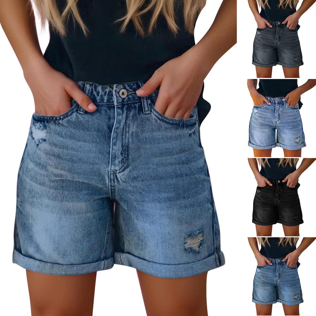 Jeans Feminino Cor Sólida Stretch Slim Fit Shorts Jeans Destroyed