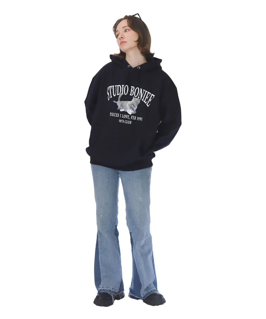 [Fleece Lined] Flying British Cat Cat Graphic Logo Over Hoodie Navy