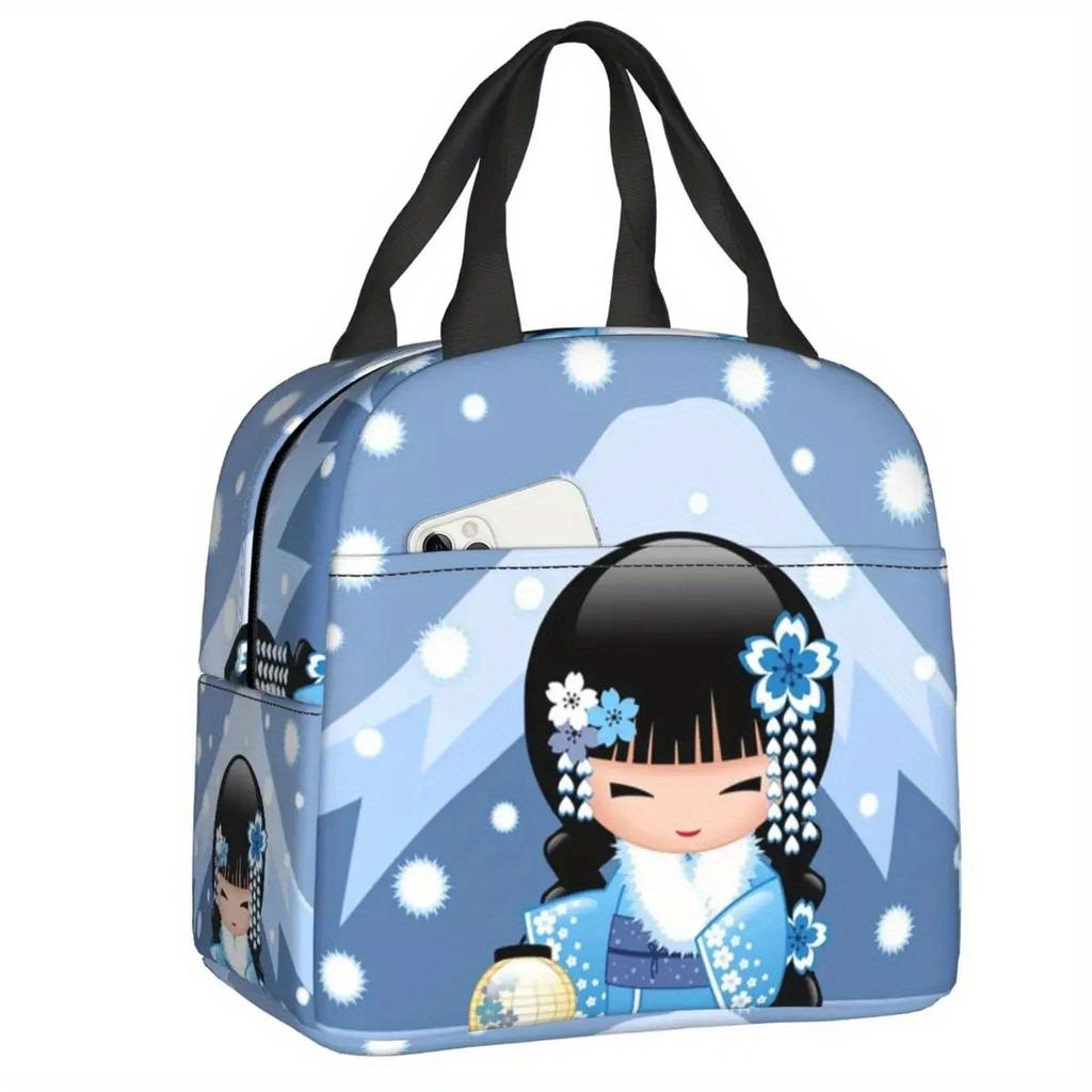 Cherry Blossom Kokeshi Doll Insulated Lunch Bag - Reusable Thermal Cooler Bento Box with Cute Sakura Design