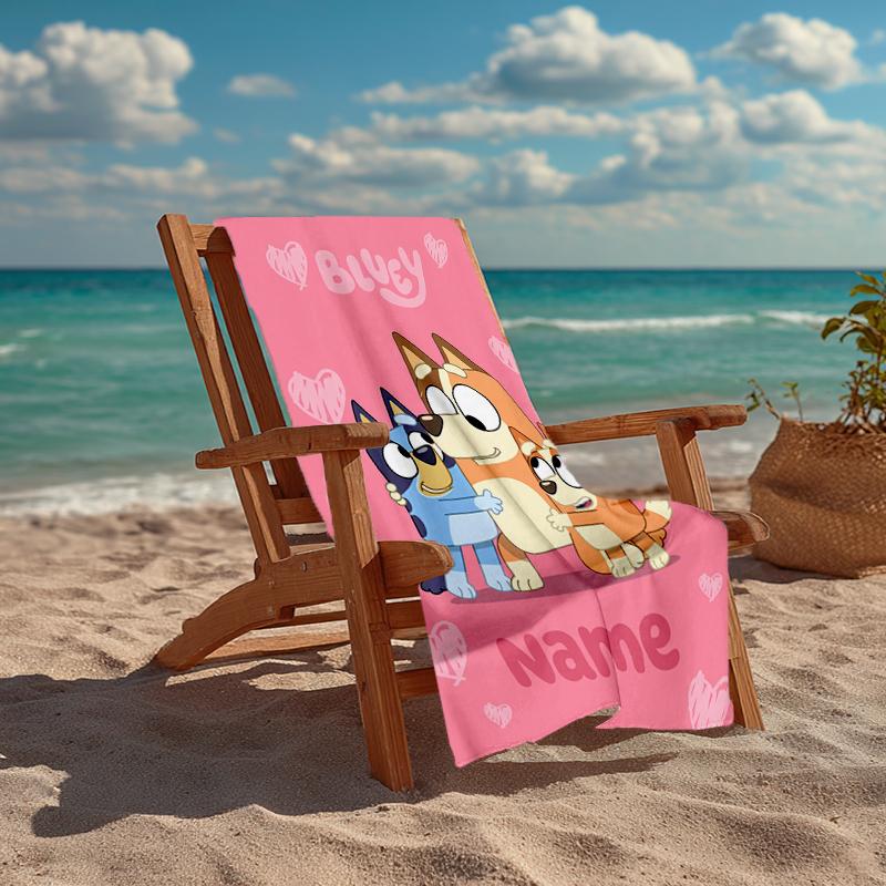 Custom Name Ultra-Soft Beach Towel with Bluey Theme,Ideal for Pool - Camping, Diving - Perfect Travel Essential, Vibrant Beach Towel.