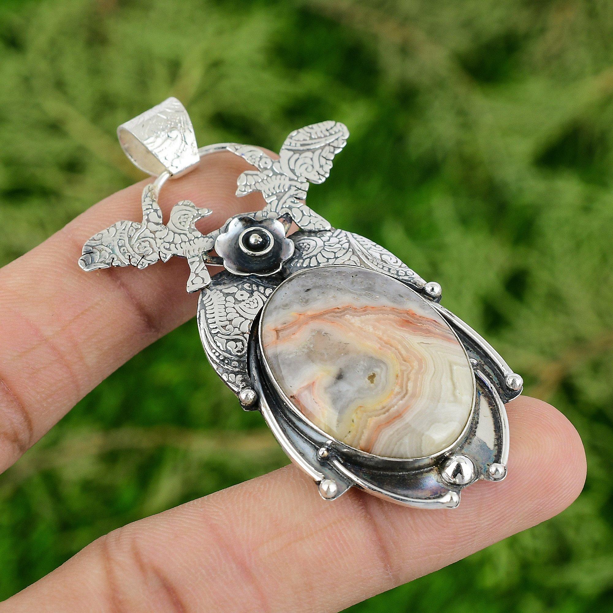 

Mexican Laguna Lace Agate Gemstone Pendant 925 Sterling Silver Pendant Handmade Jewelry Christmas Gifts For Him