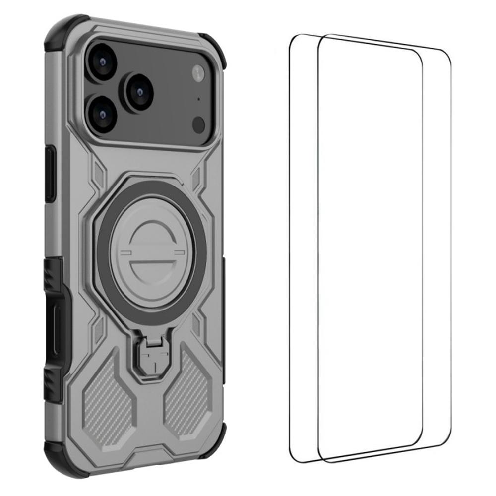 

WANLONFENG KJ Series For iPhone 17 Pro Case Kickstand PC TPU Phone Cover with 2Pcs Screen Film (Big Lens Hole) Grey