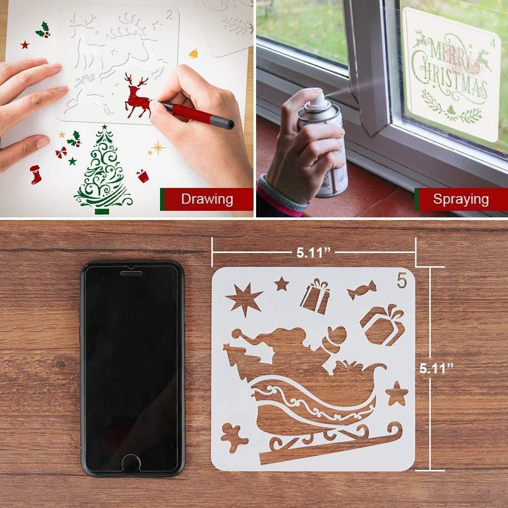 Christmas Painting Stencils 8-Piece Set, Reusable Holiday Templates with Christmas Tree, Reindeer & Snowflake Designs for DIY Crafts & Decor