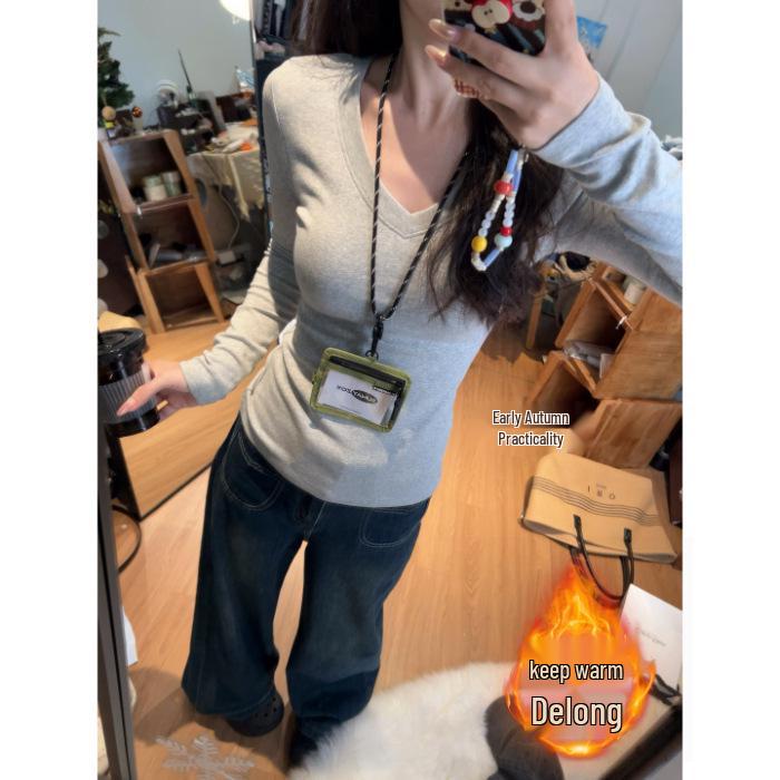 Women s V-Neck Long Sleeve Slim Fit T-Shirt: Pure Cotton, De Rong, Composite Silver Fox Plush Fabric Small