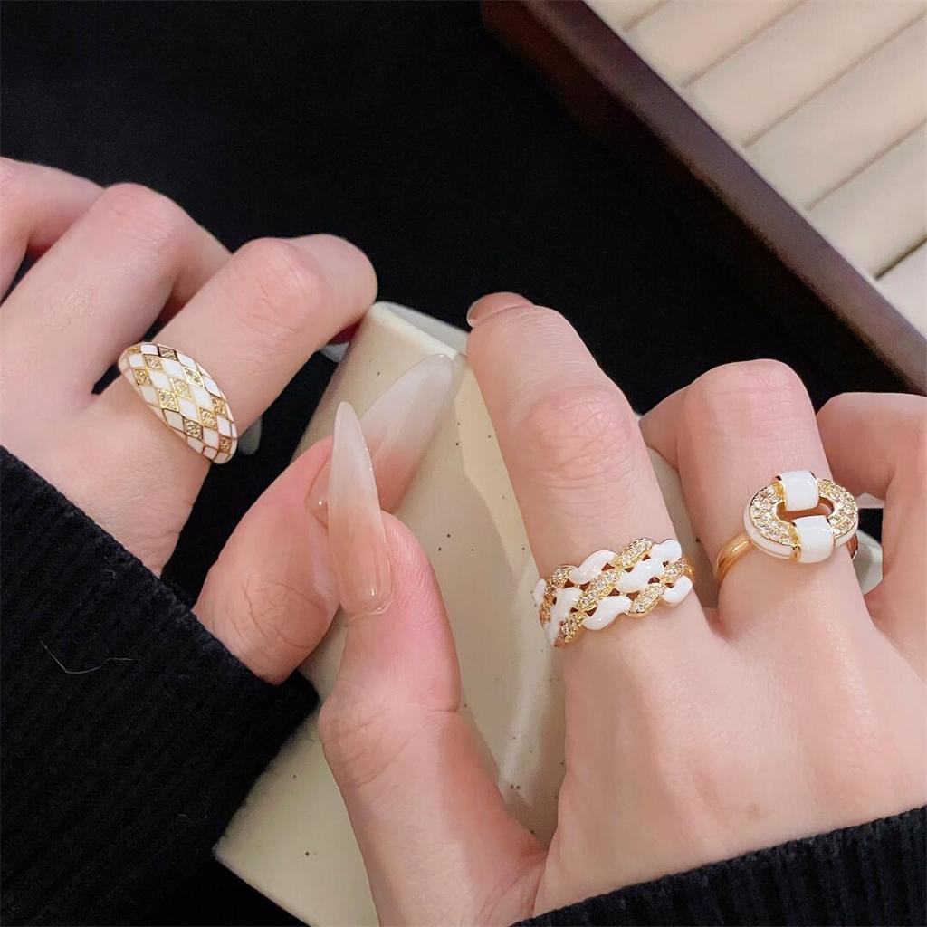 Enamel White Drop Glaze Rhombus Woven Opening Ring Light Luxury High Sense Personalized Stacked Ring