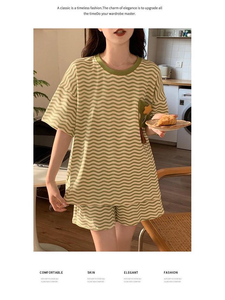 2025 Women's Short-Sleeved Summer Pajamas with Chest Pads - Cute Cartoon Style