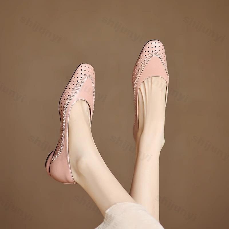 Fashion 2025 Summer New Style Women's French Style Elegant Casual Single Shoe Hollow Breathable Coarse Heeled Comfortable Pointed Pumps