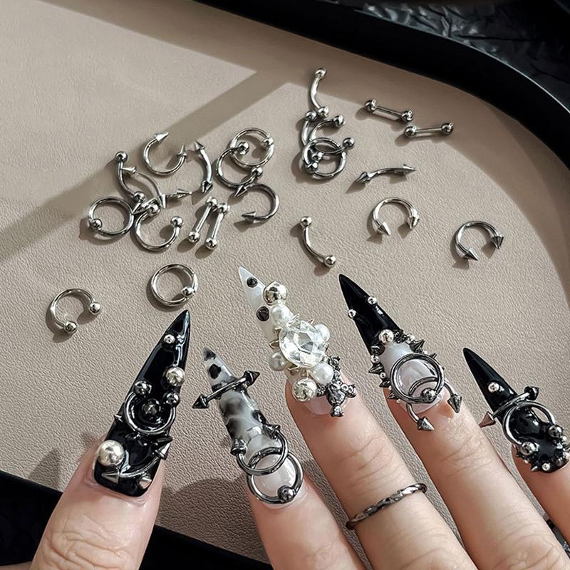 20/30/60Pcs Punk Metal 3D Nail Charms Fingertip Ring Studs Black/Silver Alloy Nail Art Decoration Manicure Supplies Accessories