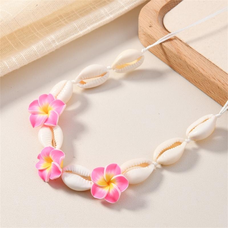 Elegant Soft Clay Flower and Shell Pendant Necklace Sturdy Flexible Chain Jewelry Accessory Gift