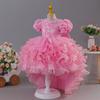 Rochie elegantă pentru copii cu mâneci bufante, broderii, o trenă și o fustă de prințesă pe straturi – perfectă pentru petreceri de ziua de naștere și ca rochie de domnișoară de onoare