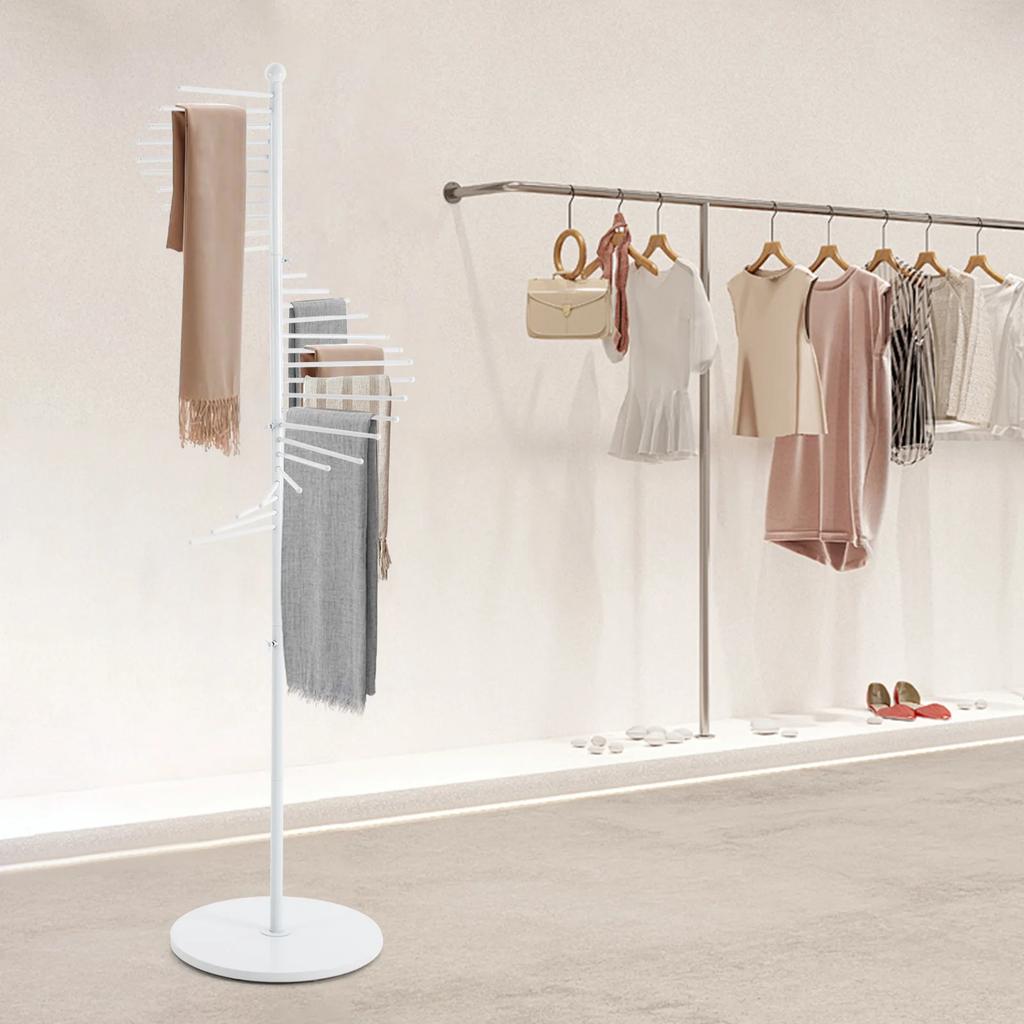 Modern White 5.58ft Floor Standing Spiral Scarf Display Rack, Adjustable Height Multi-Tiered Hanging Organizer for Scarves, Ties