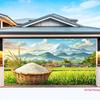 2D Countryside Rice Tapestry, Rural Farm Scene with Mount Fuji and Rice