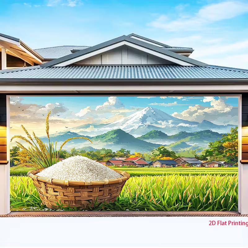 2D Countryside Rice Tapestry, Rural Farm Scene with Mount Fuji and Rice