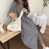 Spring and Summer Super Long Knee Length Checked Shirt Dress