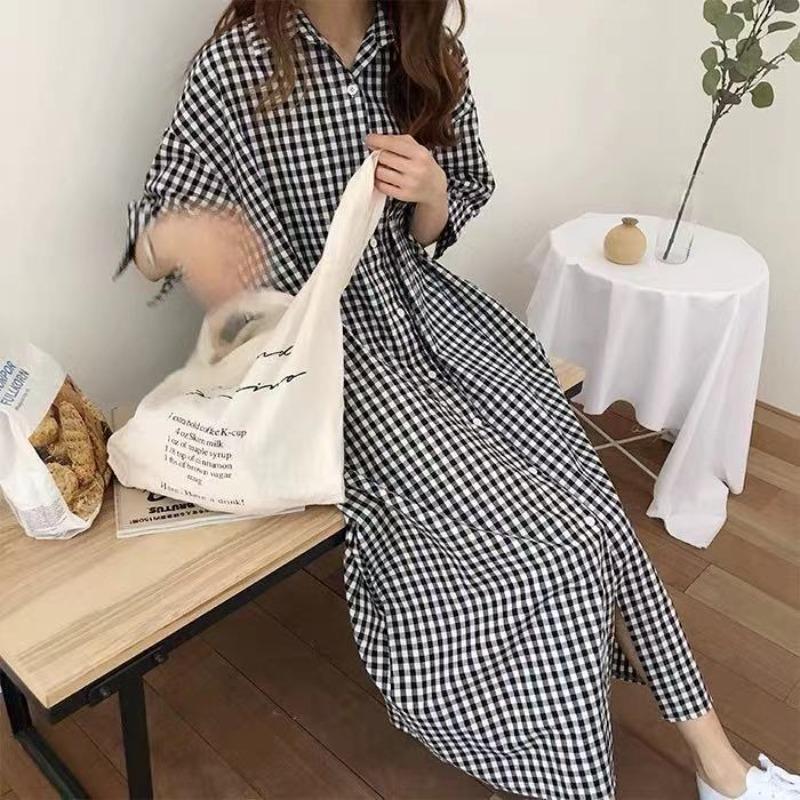 Spring and Summer Super Long Knee Length Checked Shirt Dress