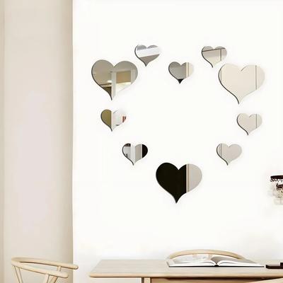 10 Pieces Acrylic Heart Wall Stickers Self Adhesive 3D Mirror Effect Home Decor Removable Background Wall Art for Living Room Bedroom