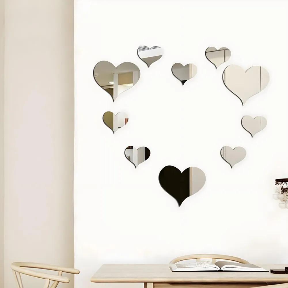 10 Pieces Acrylic Heart Wall Stickers Self Adhesive 3D Mirror Effect Home Decor Removable Background Wall Art for Living Room Bedroom