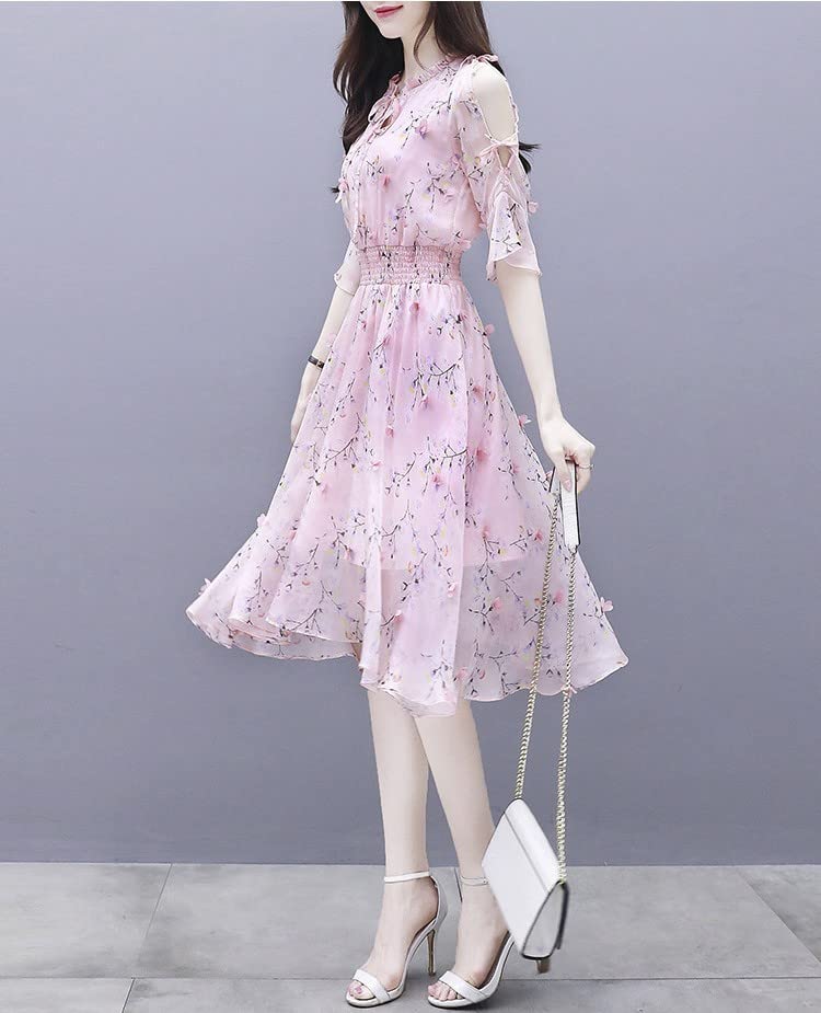 BLZXIAN Summer Floral Chiffon Dress with Flared and a Chiffon Skirt with a Crew Neck and Design Size Women's Skirt, Slimming, Long, Fairy-Style A-Line