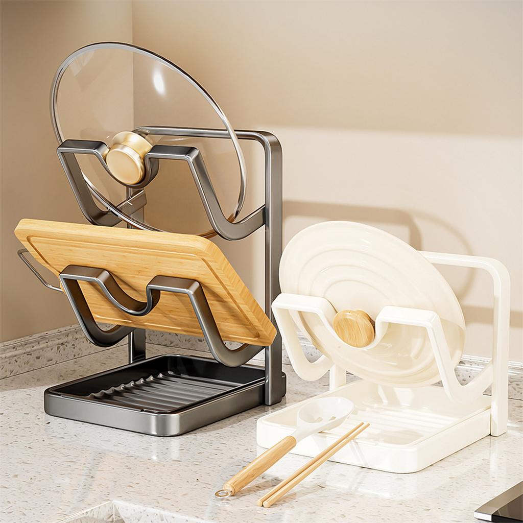 Countertop Pot Lid Organizer with Drip Tray and Spoon Rest Kitchen Pot Lid Organizer Stand for Cooking Lids and Utensils