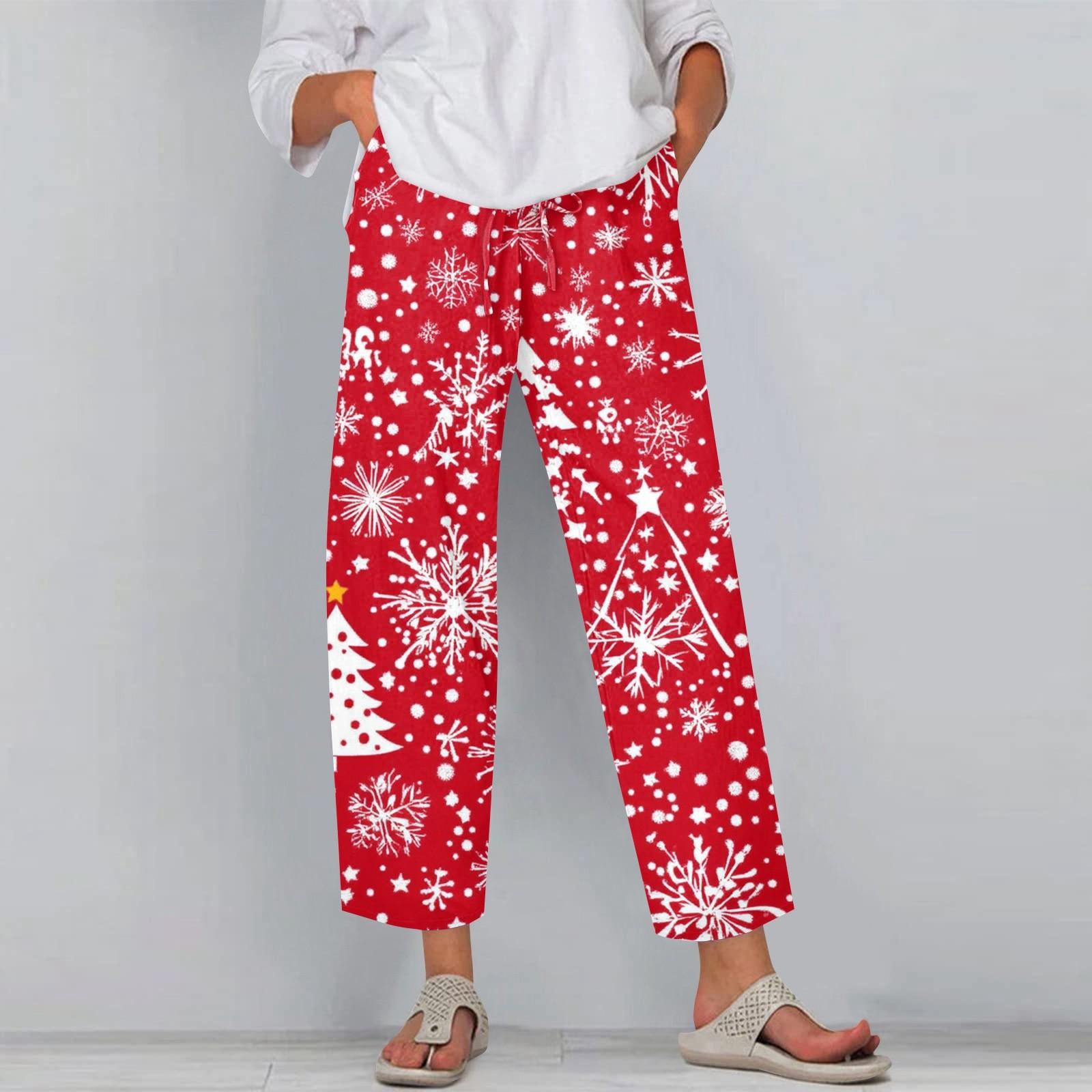 

Жіночі модні різдвяні сніжинки з принтом на зав язках і кишенями на еластичній талії повсякденні штани XL червоний