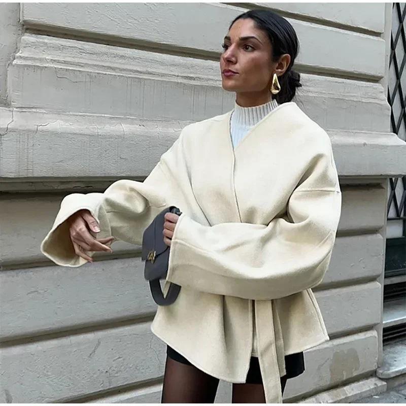 Beige Belted Short Trench Coat with Notched Lapel