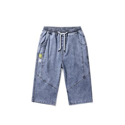 Denim Shorts for Men's Spring/summer New Korean Version with Tie Up Straight Tube Loose and Thin Casual Stretch Cropped Pants for Men